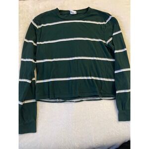 Destined Women Forest Green White Striped Long Sleeve Cropped T-Shirt XS Cotton